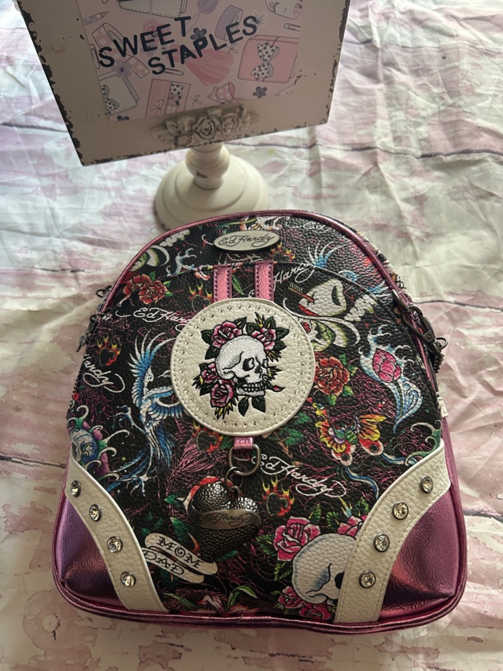 Ed Hardy Metallic Pink Floral Skull Mini Backpack